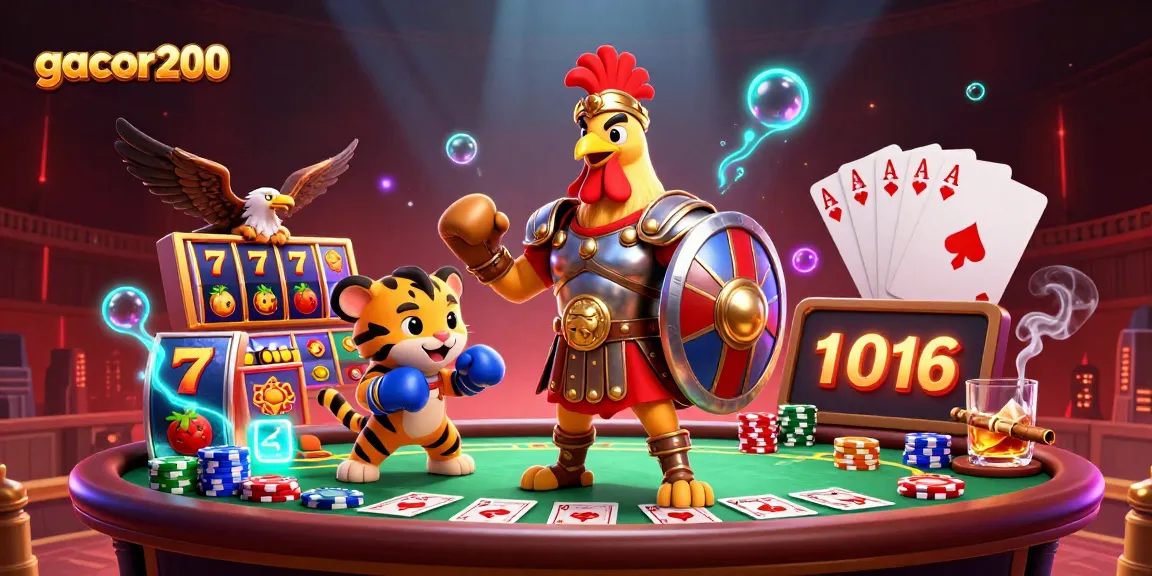 Gacor200 menghadirkan ilustrasi kasino yang menarik dengan karakter unik dalam arena pertarungan.