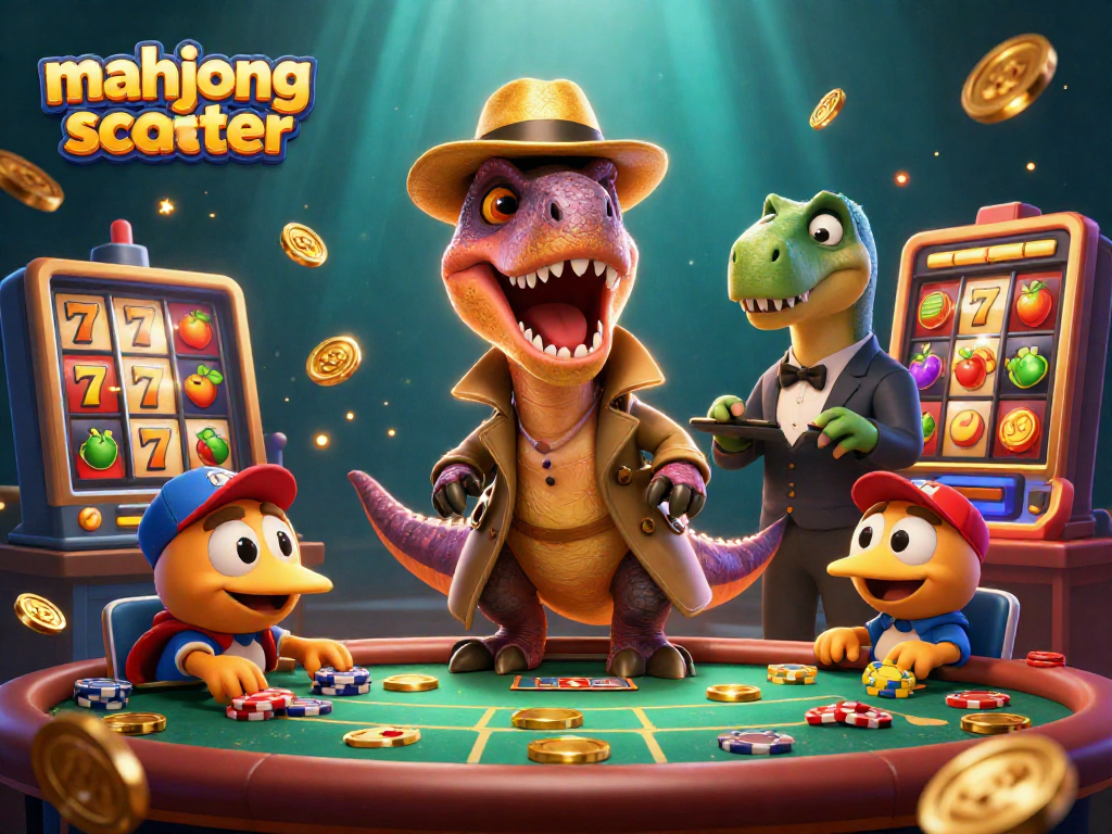 Experience mahjong scatter excitement as a velociraptor attempts to blend in at a blackjack table surrounded by vibrant casino elements.