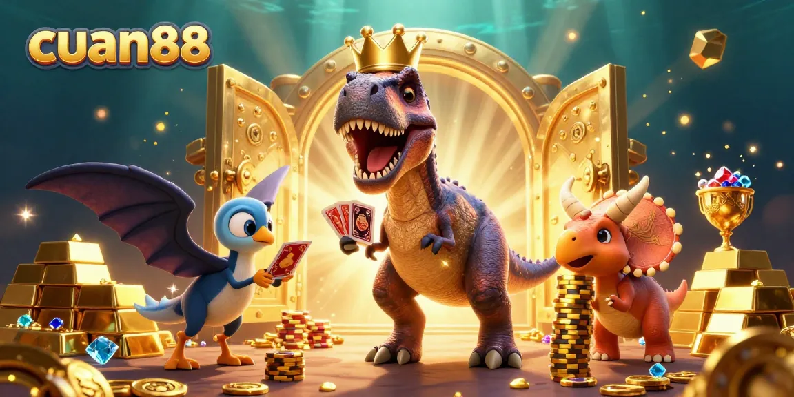 Gambarkan taruhan kasino di cuan88 dengan dinosaurus lucu dan chip emas