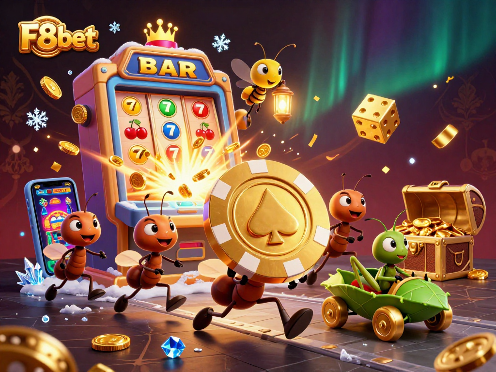 Engaging scene depicting F8bet heist with ants, a firefly lookout, and a grasshopper driver amidst casino elements.