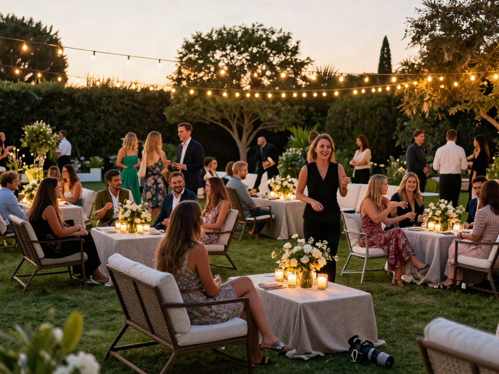 Event furniture rental showcased in a stunning outdoor gathering with stylish seating and ambiance.