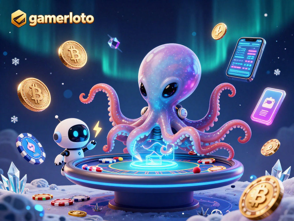 Engage with gamerloto's cosmic 3D poker adventure featuring a vibrant octopus and robot.