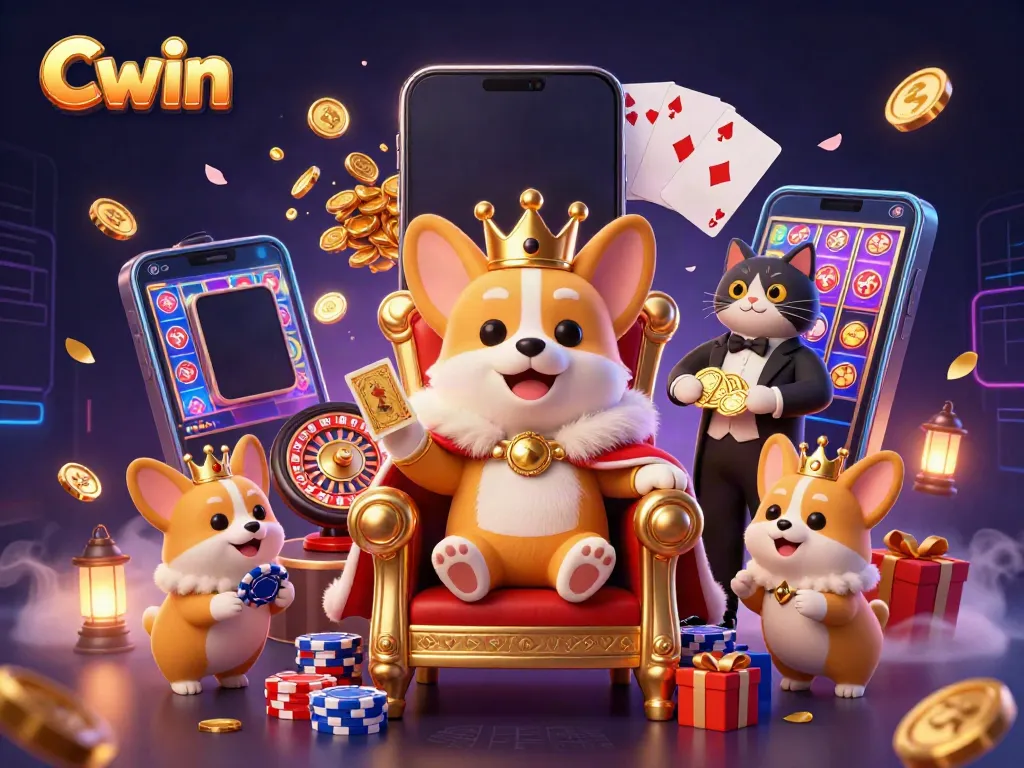 Experience thrilling gameplay with Cwin’s vibrant casino scene featuring a royal corgi and playful characters.