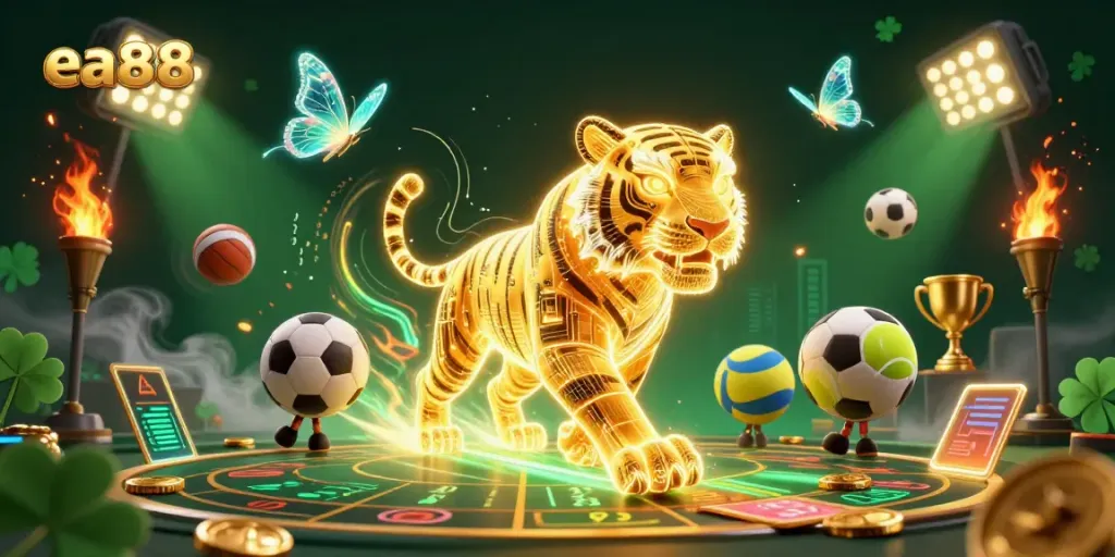 ea88 trò chơi casino huyền ảo với sư tử vàng và các quả bóng thể thao bay xung quanh