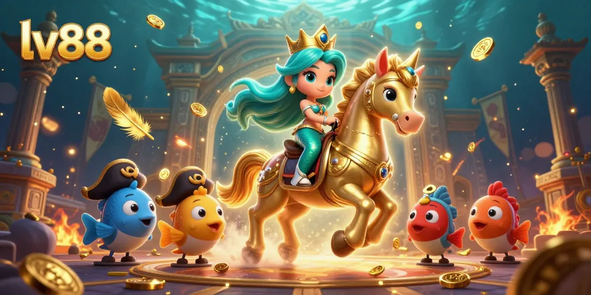 Experience betting adventure at lv88 with lively casino scene featuring a mermaid princess and seahorse allies.