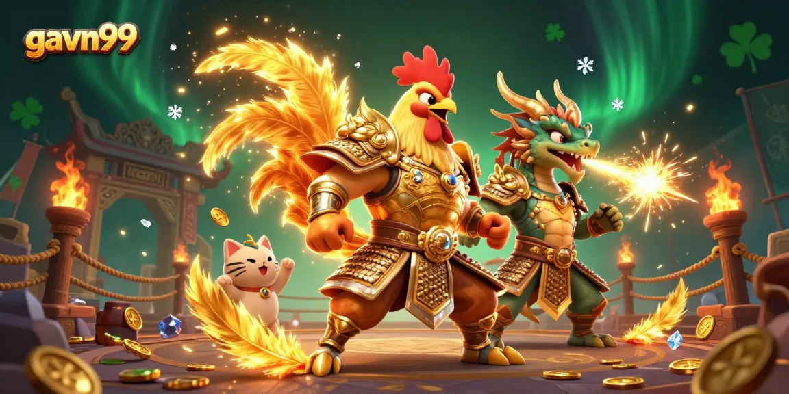 Engage with thrilling gavn99 cockfighting action in a vibrant arena filled with golden sparks.