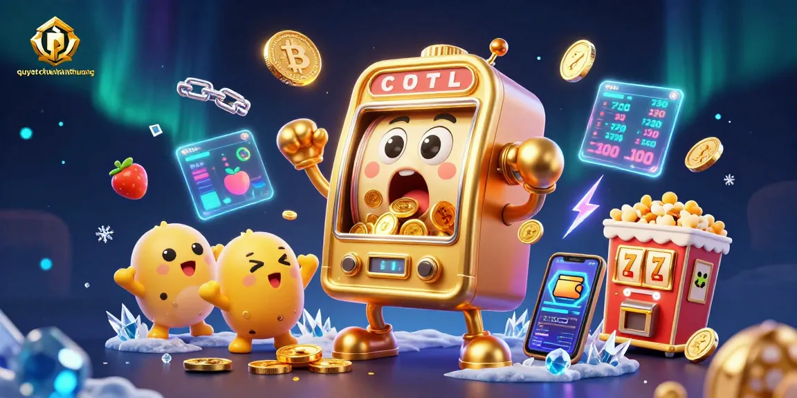 Experience the excitement of quyetchientienthuong as golden slot machines hit jackpots, surrounded by crypto coins and vibrant game elements.