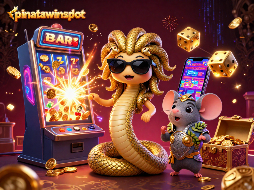 Experience pinatawinsslot excitement with a vibrant 3D illustration of festive gaming elements and characters.