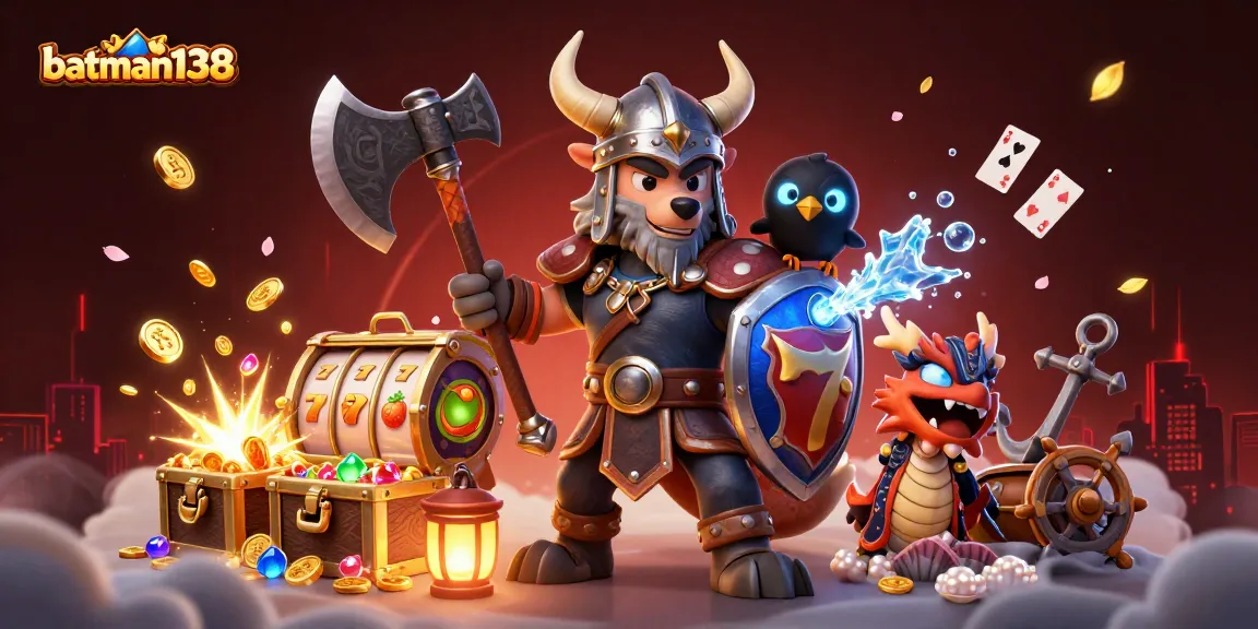 Engage with batman138's vibrant slots adventure featuring a Viking warrior, dragon, and treasure