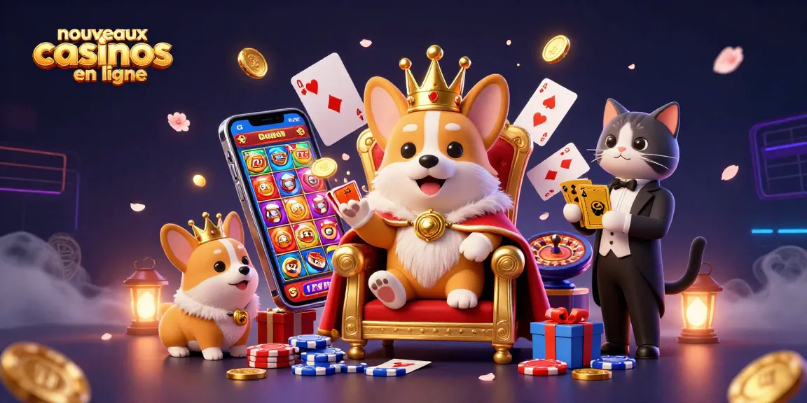 Plongez dans l'expérience des nouveaux casinos en ligne avec un corgi royal et son majordome, illustrant le monde du jeu.