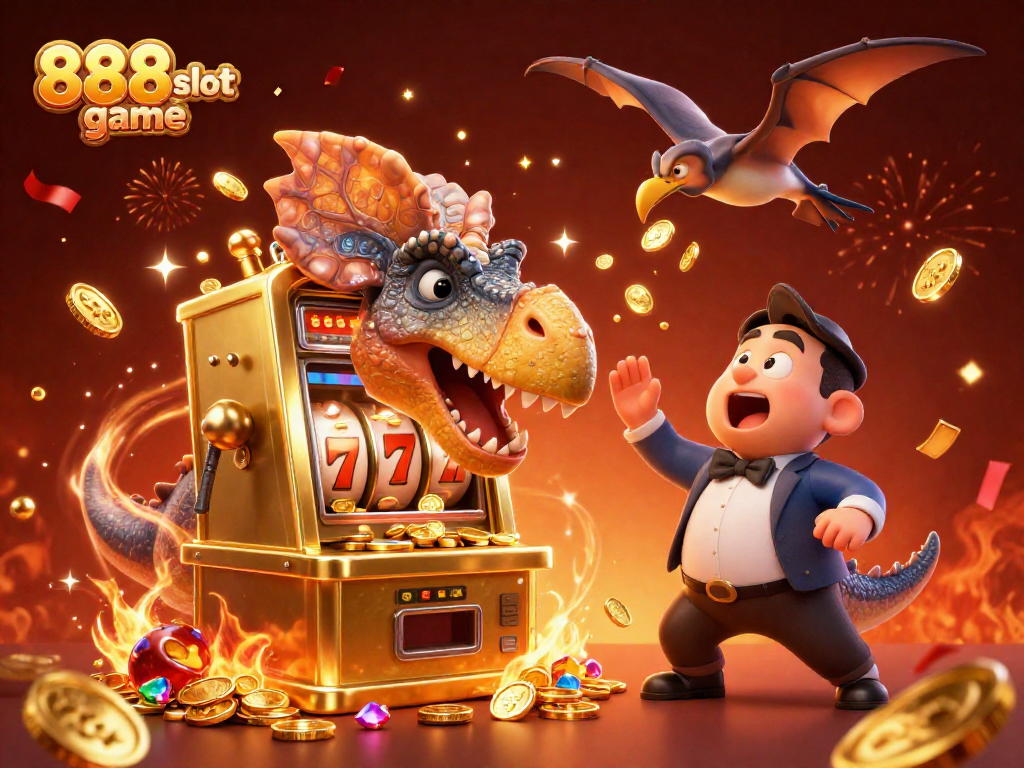 Experience the excitement of 888slot game as characters celebrate jackpot wins with flying coins and vivid casino elements.