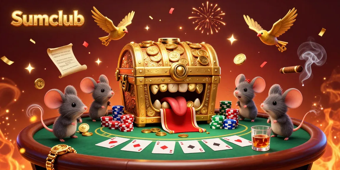 Sumclub's adventure scene with a treasure chest and poker elements showcases exciting gaming opportunities.