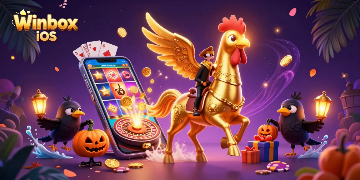Play Winbox iOS with a dynamic scene of a golden rooster and casino elements igniting excitement.