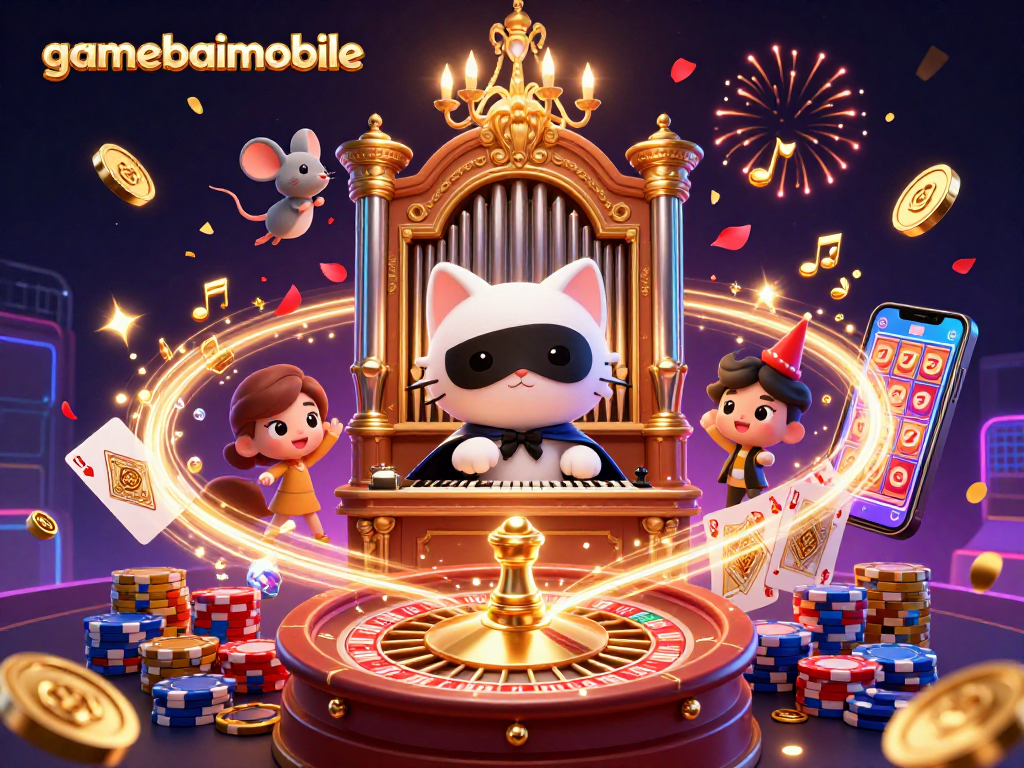 Experience gamebaimobile's thrilling casino adventure with 3D characters and vibrant game elements.