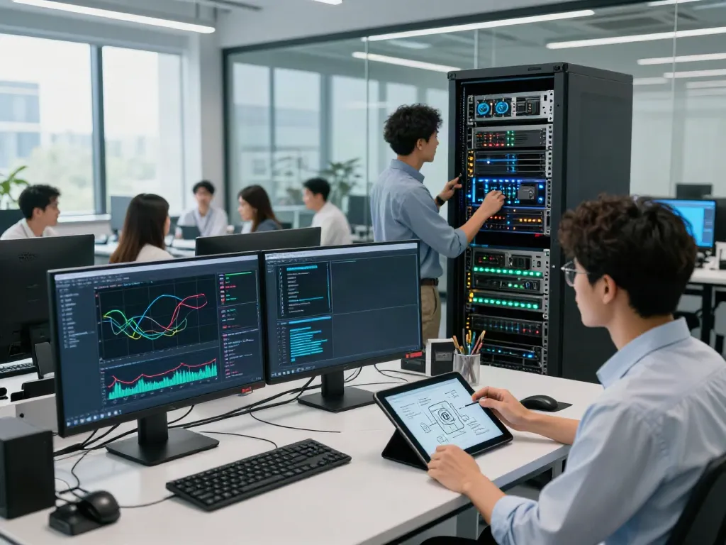 Team collaborating in a high-tech lab on GPU computing and AI infrastructure development.