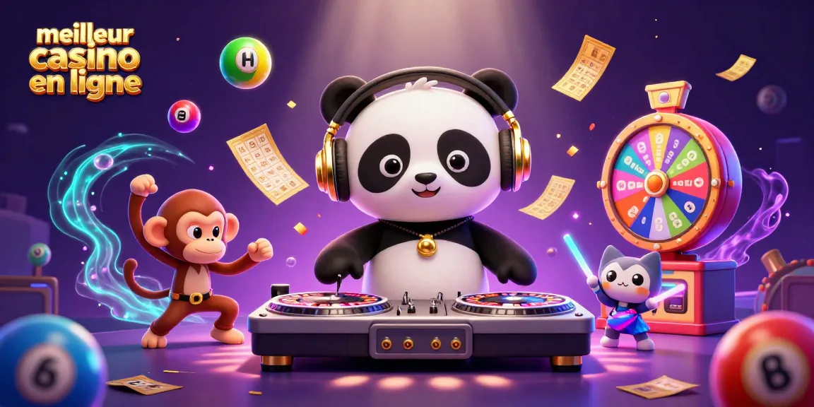 Découvrez le meilleur casino en ligne avec cette illustration d'un panda DJ et un singe dansant au milieu de loteries colorées.