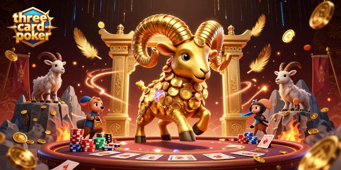Engage in three-card-poker excitement with a dynamic scene featuring a golden ram and poker elements.