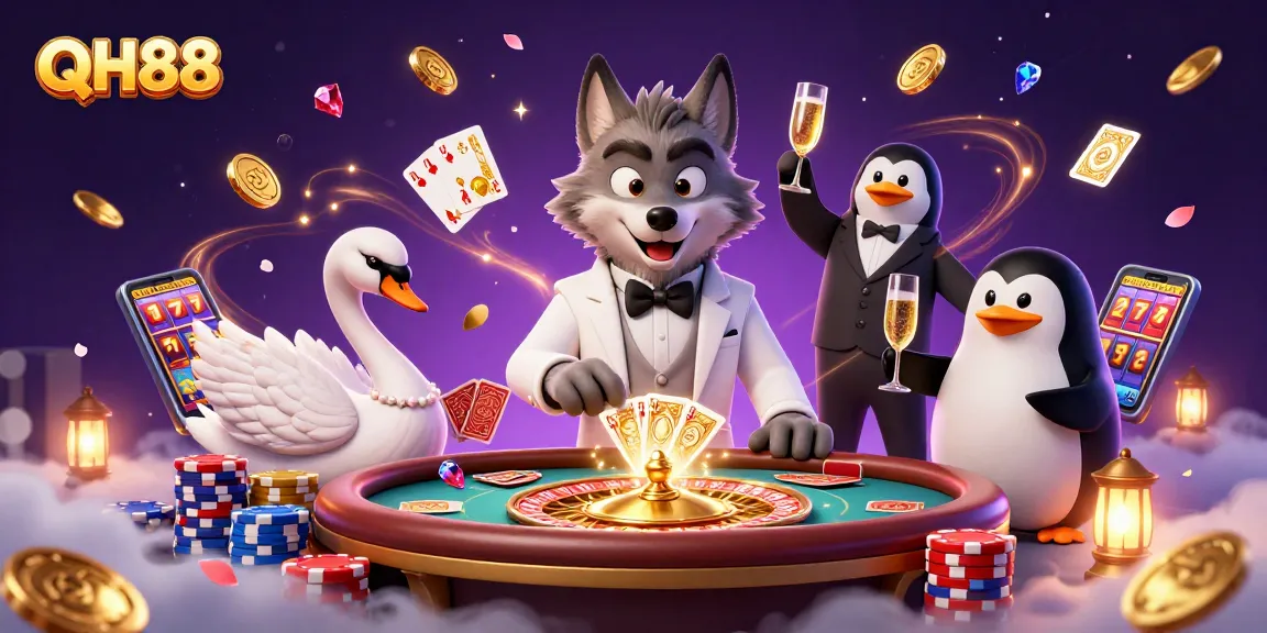 Experience QH88 by winning at baccarat with a charming wolf, elegant swan, and sophisticated penguin.