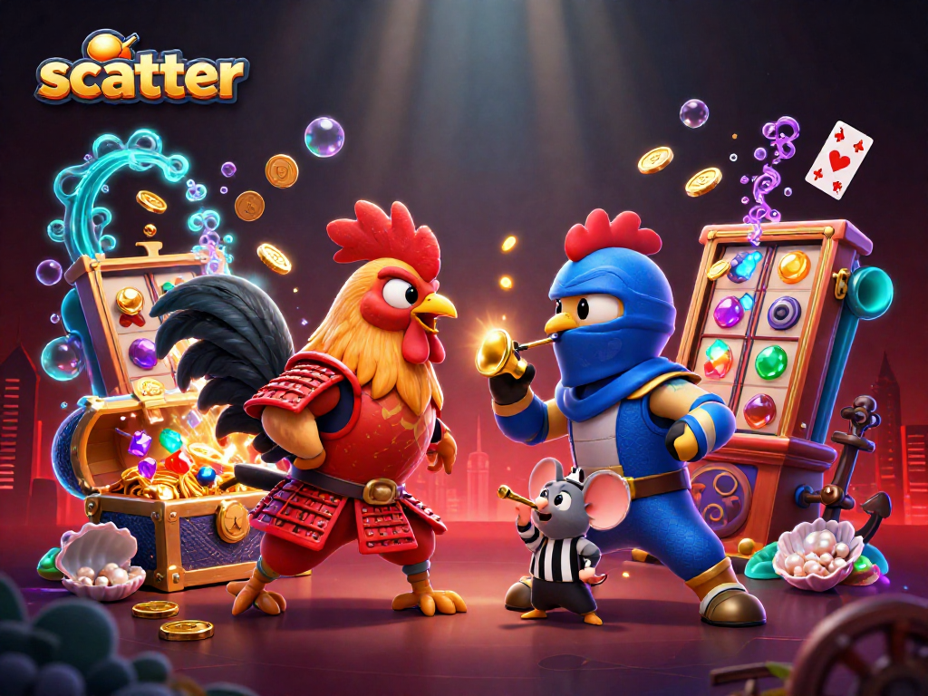 Immerse in the scatter excitement of a dynamic rooster showdown in a vibrant slot themed illustration.