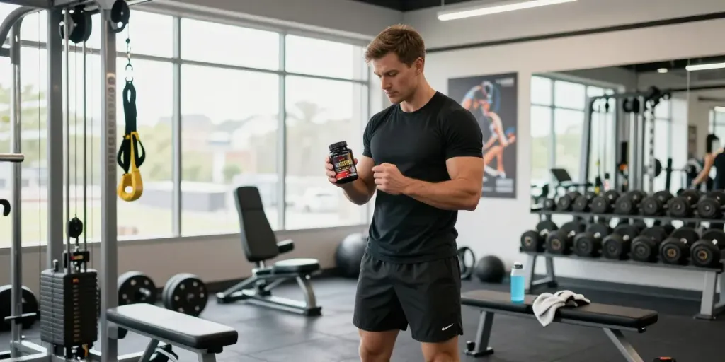 Buy wolverine stack Canada supplement bottle in a gym setting promoting fitness and recovery.