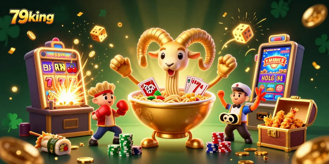 The colorful 79king casino scene features a giant ramen bowl dealer amidst a jackpot explosion of coins and vibrant game symbols.