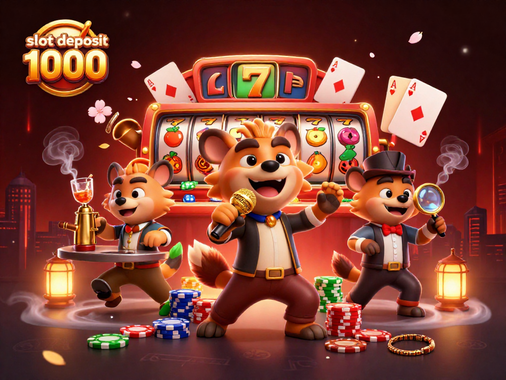 Experience the thrill of slot deposit 1000 at a hyena comedy casino, with rich colors and detailed gaming elements.
