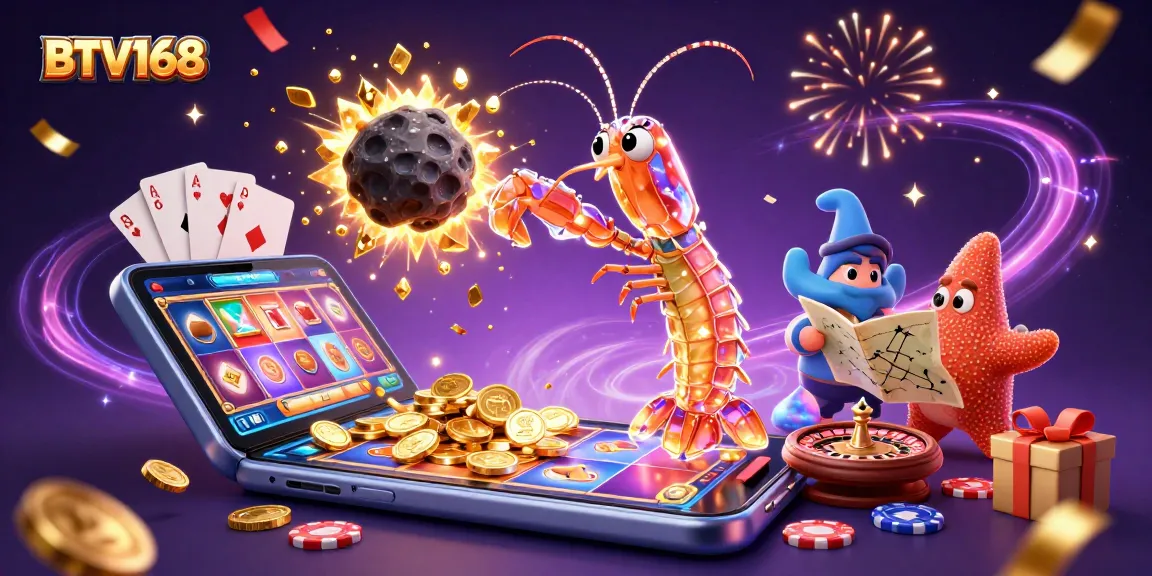 BTV168 showcases a vibrant 3D casino scene featuring a galactic samurai and starfish, surrounded by casino game elements.
