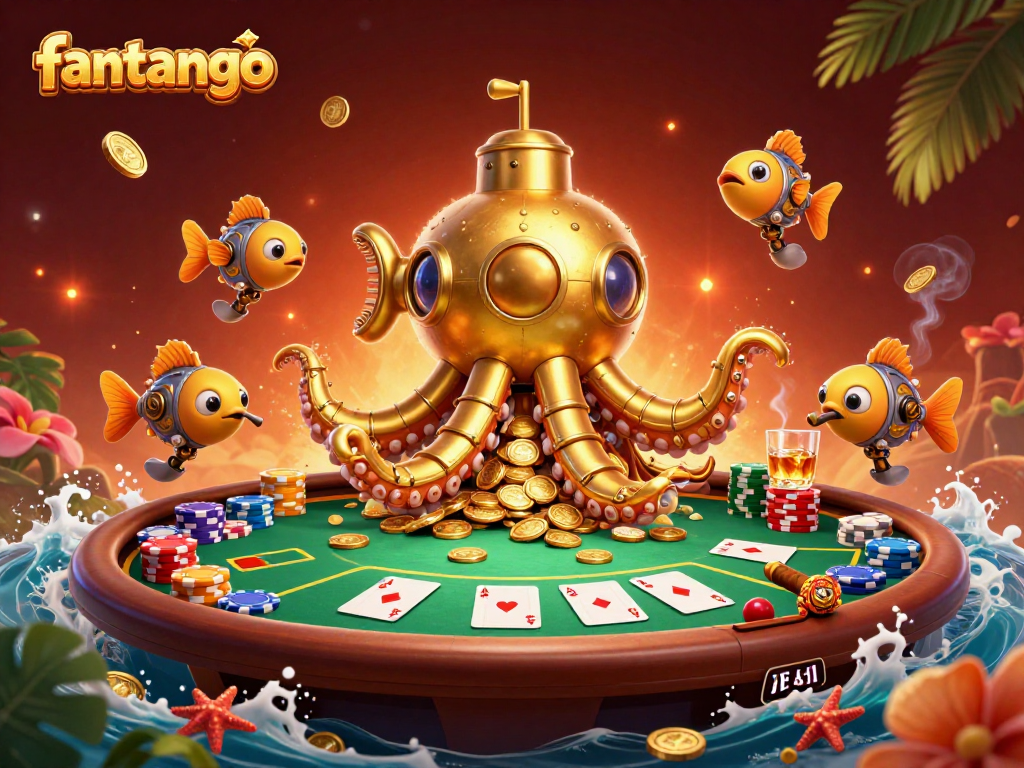 Experience the excitement of fantango as a golden kraken submarine emerges amidst poker action and golden coins.
