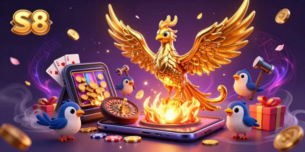 Experience thrilling wins at S8 casino with a golden phoenix amid vibrant games and rich rewards.