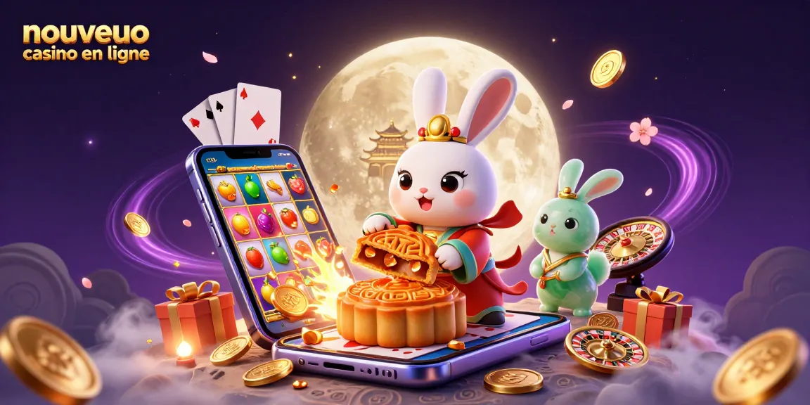 Un nouveau casino en ligne avec un lapin lunaire créant des jetons de poker dans un décor vibrant
