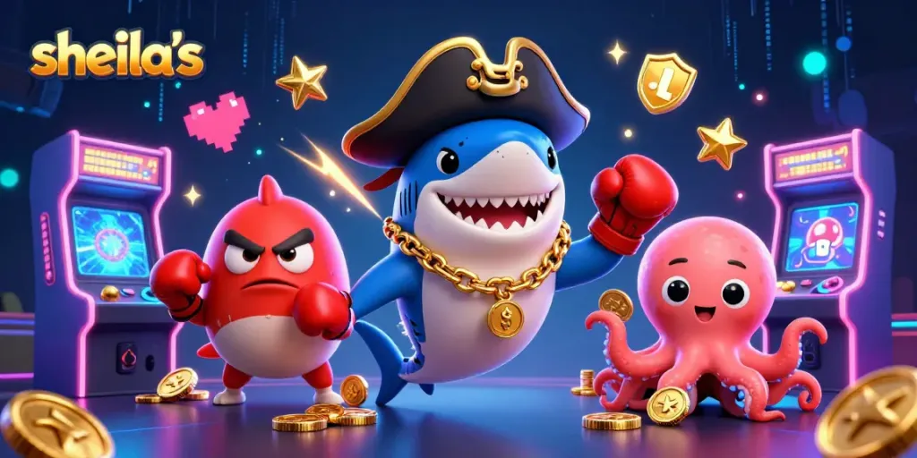 Engage with sheila's vibrant casino-style art featuring a pirate shark, pufferfish, and octopus.