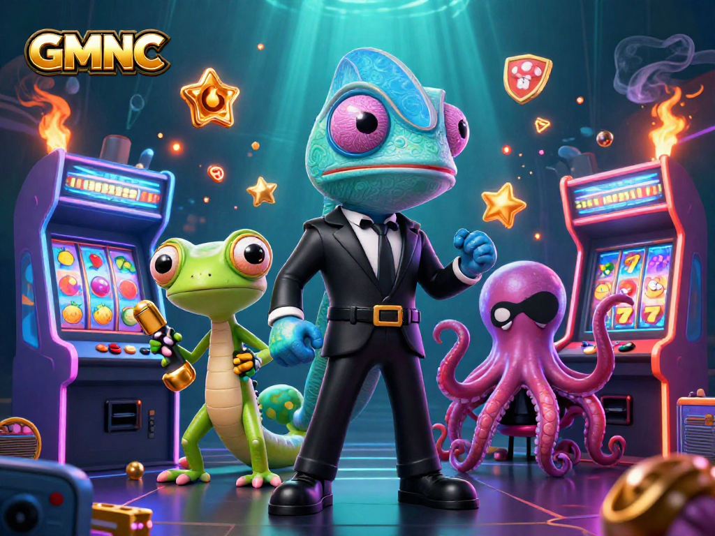 Experience thrilling gaming with GMNC as chameleon, gecko, and octopus navigate colorful slot machines.