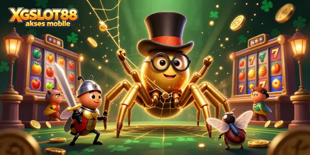 Mengamati XGSLOT88 akses mobile dalam ilustrasi 3D yang ceria dengan karakter menarik di kasino.