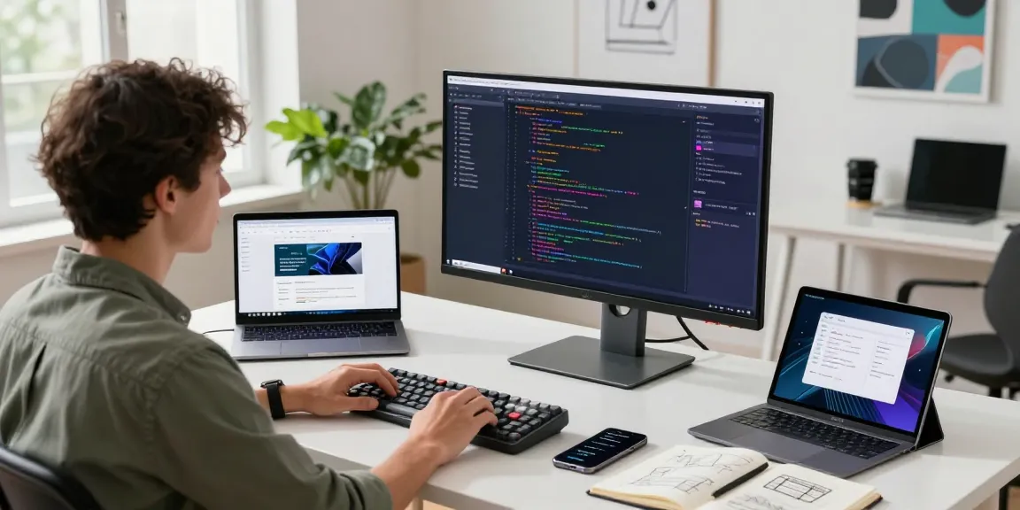 Engaged developer at a tech workspace utilizing https://www.bdtjl.app/ to create innovative software solutions with vibrant coding on display.