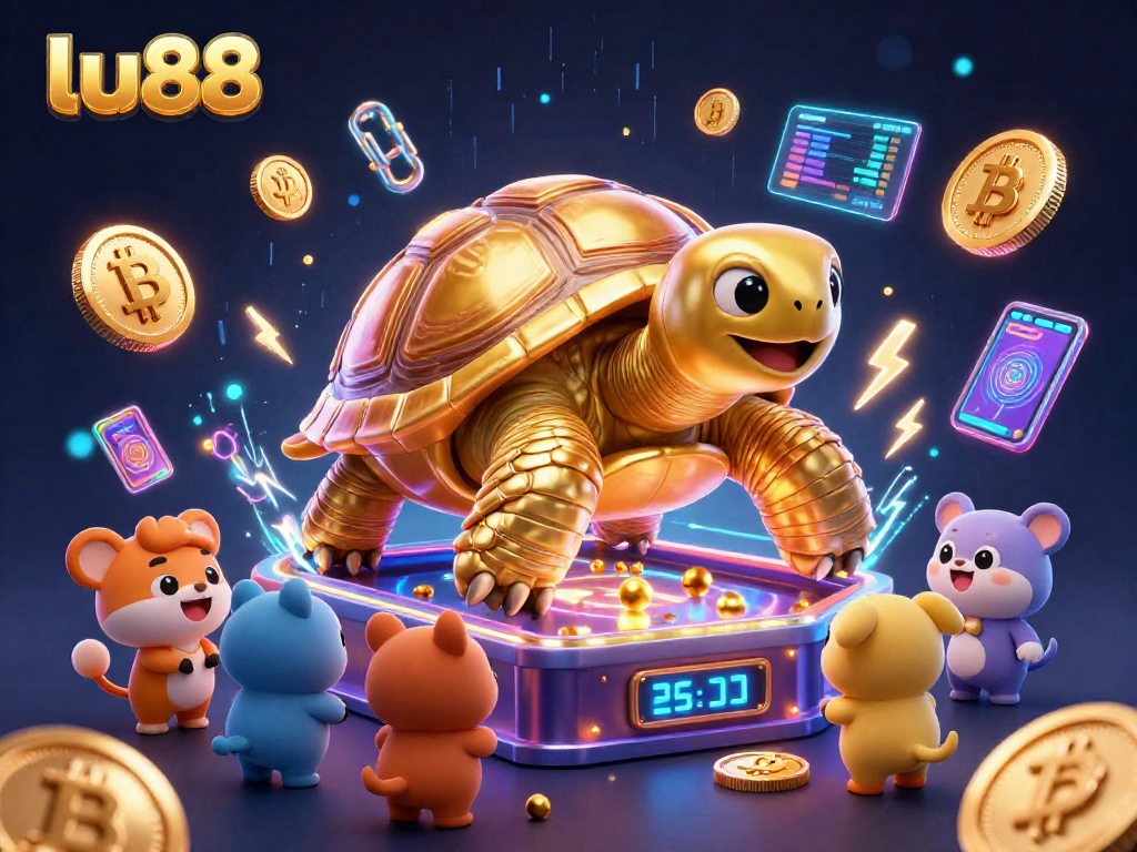 lu88 offers thrilling gameplay with a golden tortoise pinball machine surrounded by crypto coins.