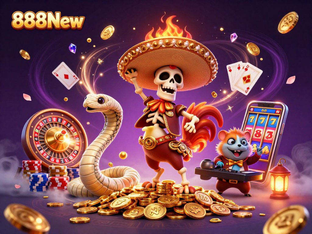 Experience the thrill of 888New with a vibrant 3D casino scene featuring colorful characters and gold coins.
