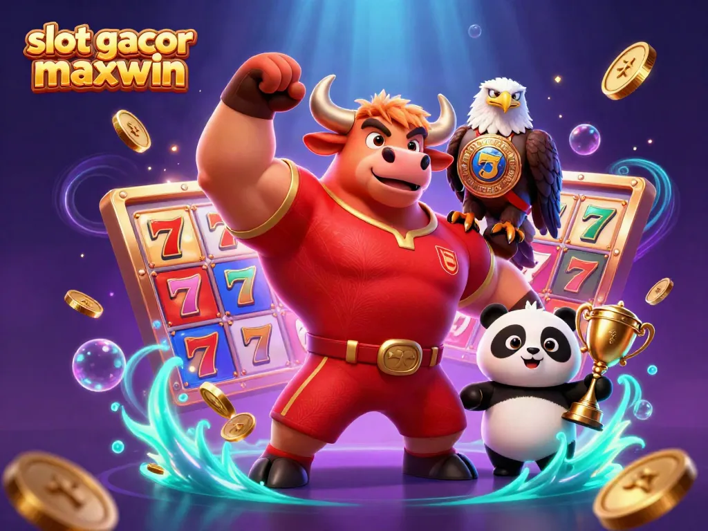Engage with slot gacor maxwin in a vibrant casino scene featuring a bull mascot, eagle, and panda.