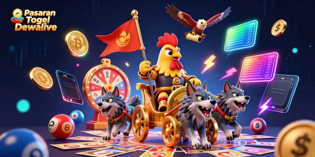 Engage with Pasaran Togel Dewalive's vibrant lottery scene featuring animated characters and colorful game elements.