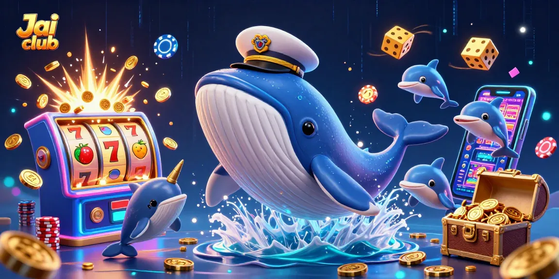Experience intense gaming excitement at Jai club with a vivid scene of whales, poker chips, and slot machines!
