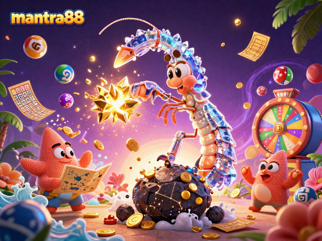 Engage in thrilling games at mantra88 as the mantis shrimp battles asteroids amidst vibrant lottery elements.