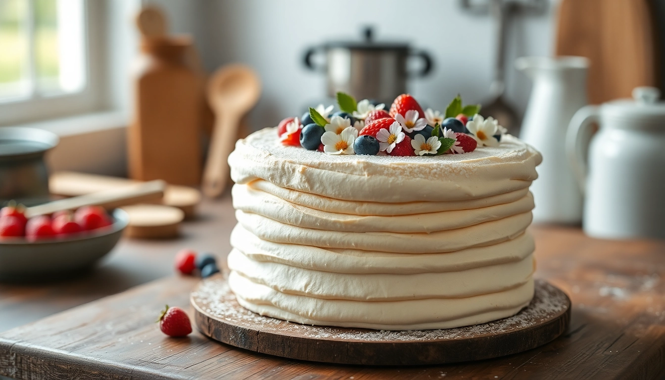 Bereid mousseline room voor op een prachtig versierde cake met bloemen en fruit.