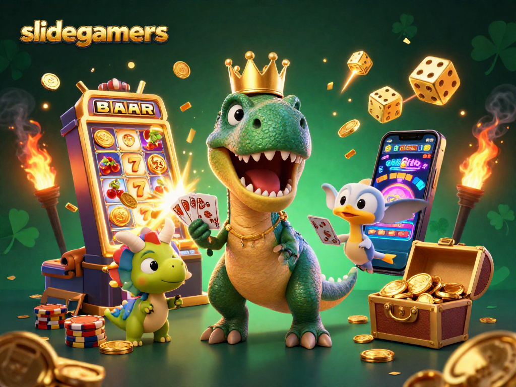 Play thrilling games at slidegamers with a T-Rex dealing cards and fun casino elements.
