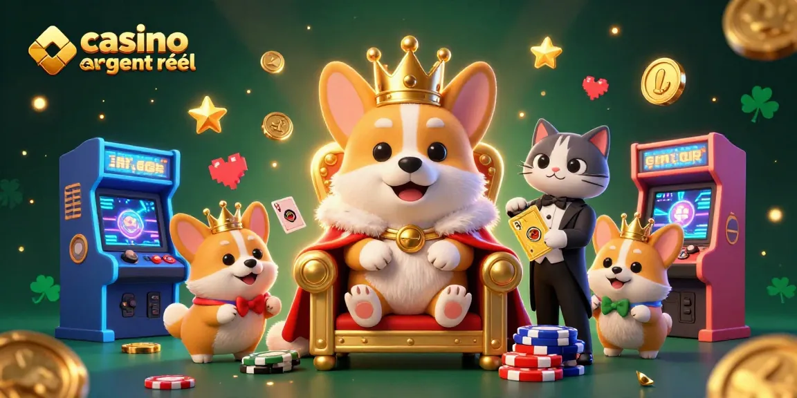 Une illustration animée 3D représentant le casino en ligne argent réel avec un corgi royal sur trône de jetons.