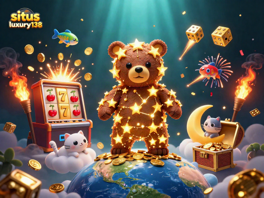 situs luxury138 meraih keberuntungan dengan ilustrasi kasino yang penuh dengan koin, mesin slot, dan karakter ceria