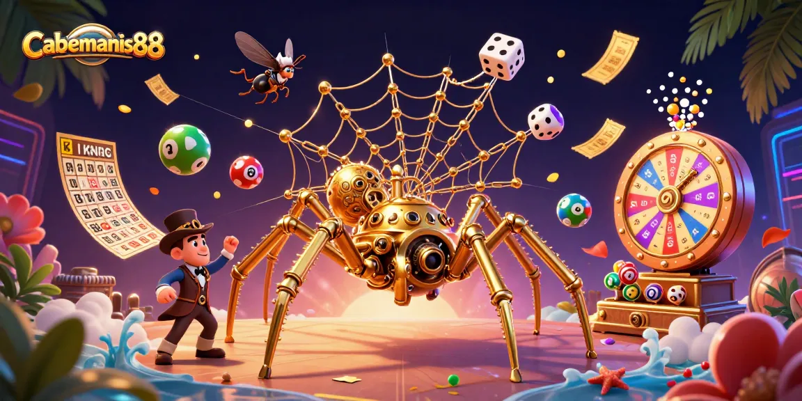Engage with Cabemanis88's thrilling gaming universe featuring a cartoon spider and colorful lottery elements.