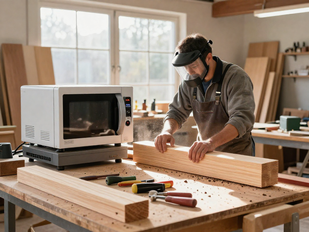 Shashel microwave equipment effectively exterminating wood beetles in a well-lit workshop.