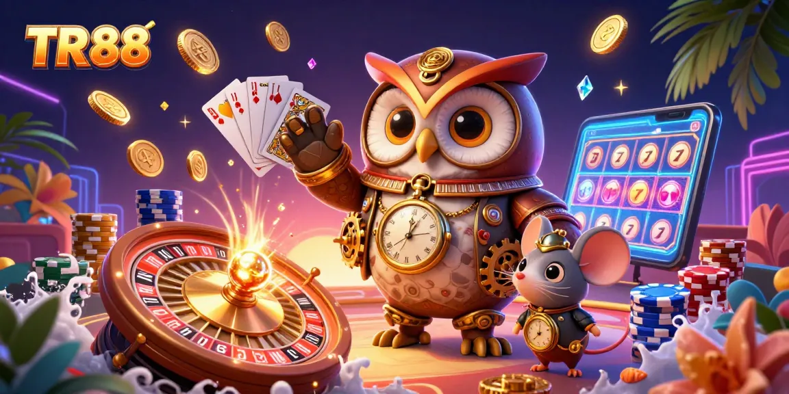 Experience the excitement of TR 88 with dynamic casino elements and vibrant characters celebrating gaming.
