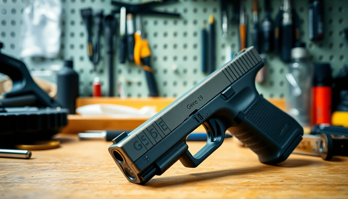 Showcase of a glock 19 gen 3 slide with detailed metallic texture and tools on a workbench.