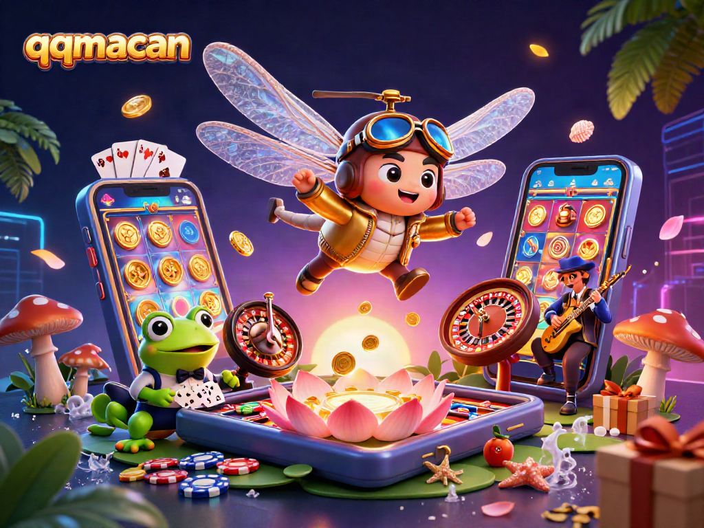 Engage in thrilling gaming at qqmacan, featuring a vibrant 3D illustration of a dragonfly casino pilot and frog croupier.
