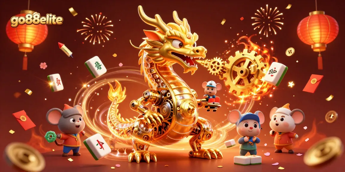 Experience extraordinary gaming with go88elite's golden dragon and dynamic elements in a vibrant casino scene.